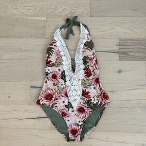 Kona Sol Floral One Piece Swimsuit M Pink Green Crochet Lace Halter Boho Coastal